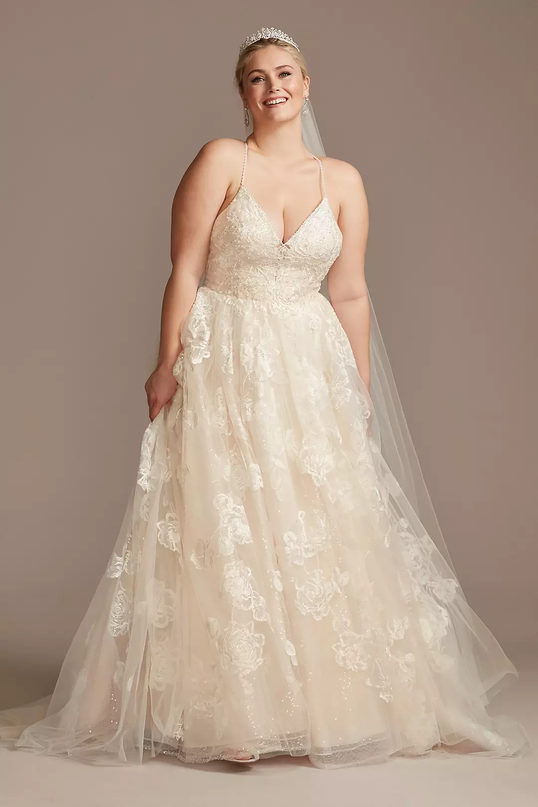 Large Floral Applique Beaded Strap Wedding Dress - Image 42