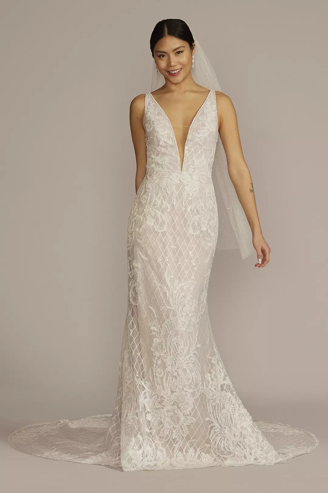 Lattice Beaded Applique Sheath Wedding Dress - Image 13