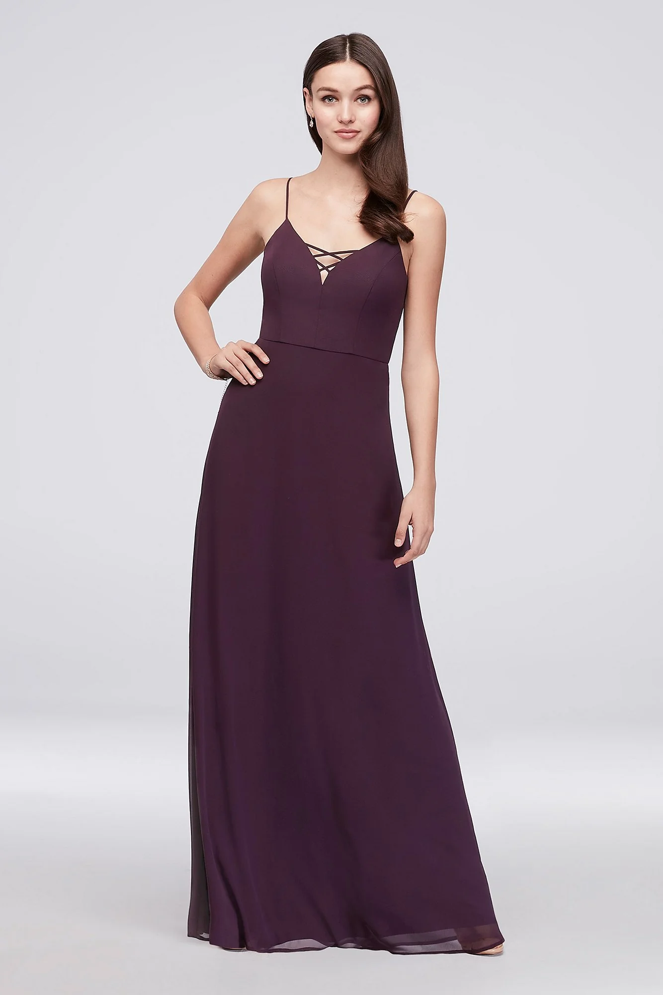 Lattice Neckline Long Chiffon Bridesmaid Dress