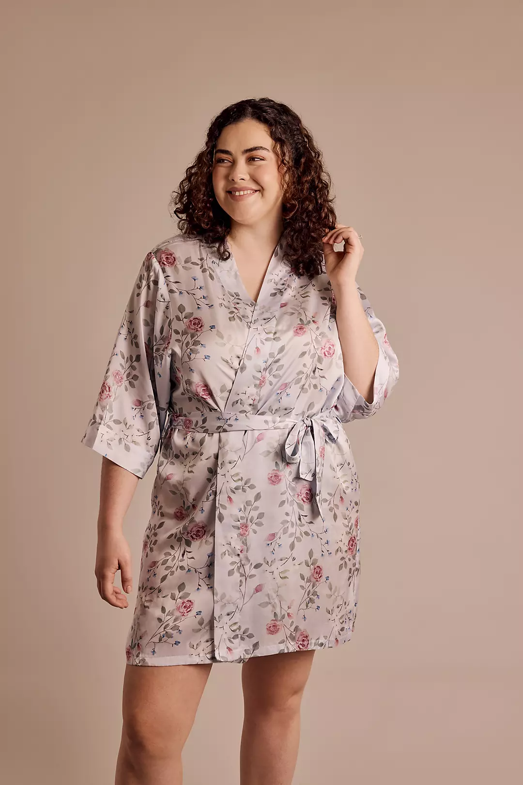 Light Blue Floral Print Satin Robe - Image 2
