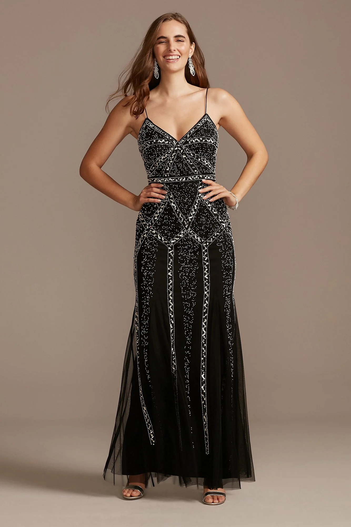 Linear Bead and Sequin Spaghetti Strap Dress