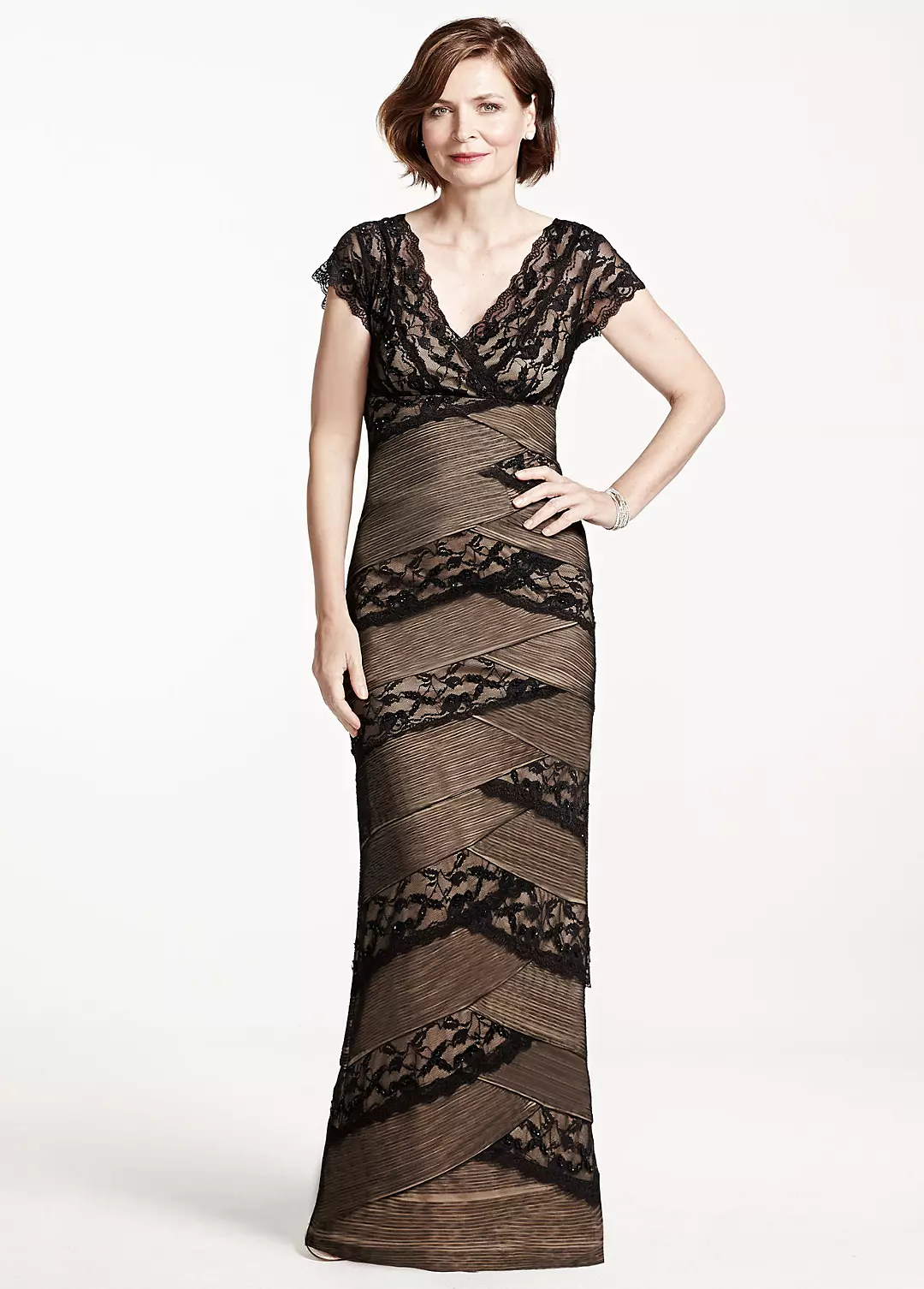 Long Beaded Stretch Lace Dress with Cap Sleeves - Image 2