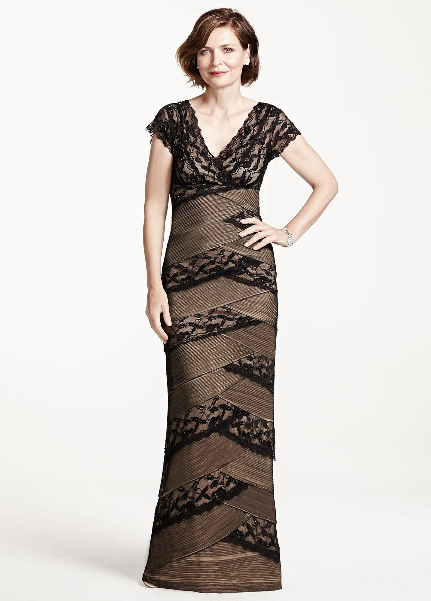 Long Beaded Stretch Lace Dress with Cap Sleeves - Image 3
