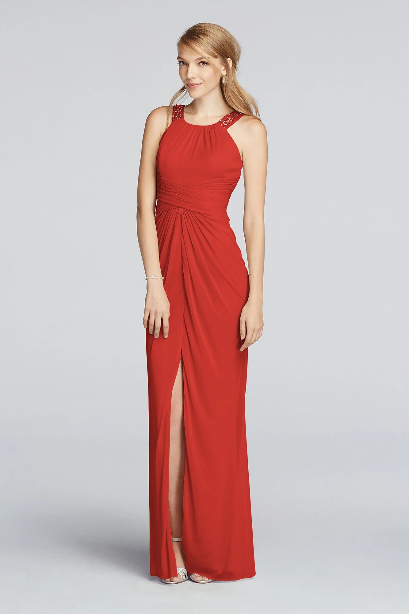 Long Beaded U Neck Mesh Dress with Ruched Waist - Image 11