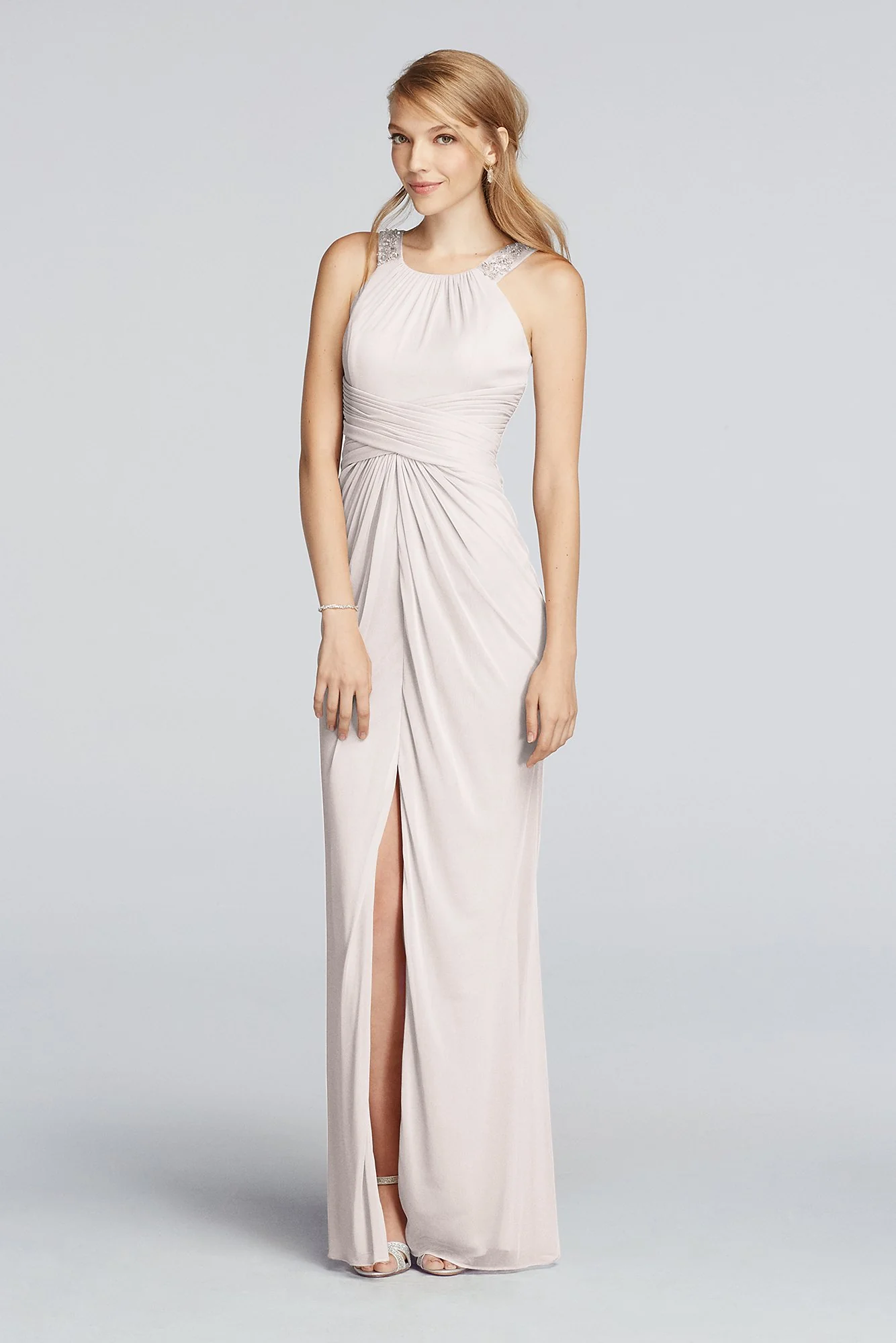 Long Beaded U Neck Mesh Dress with Ruched Waist - Image 20