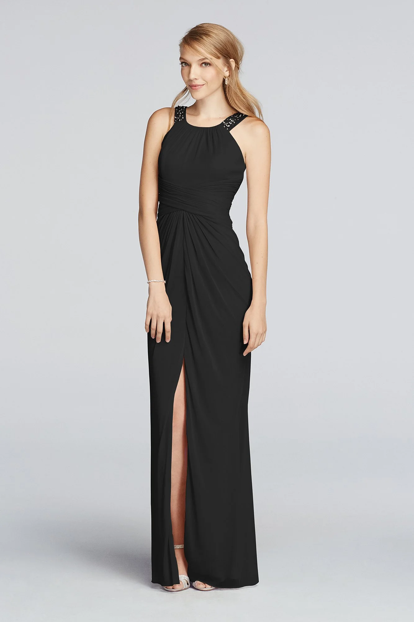 Long Beaded U Neck Mesh Dress with Ruched Waist - Image 3