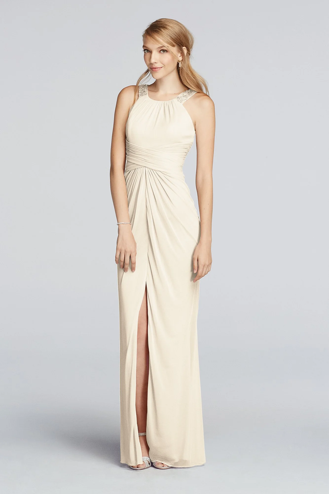 Long Beaded U Neck Mesh Dress with Ruched Waist - Image 41