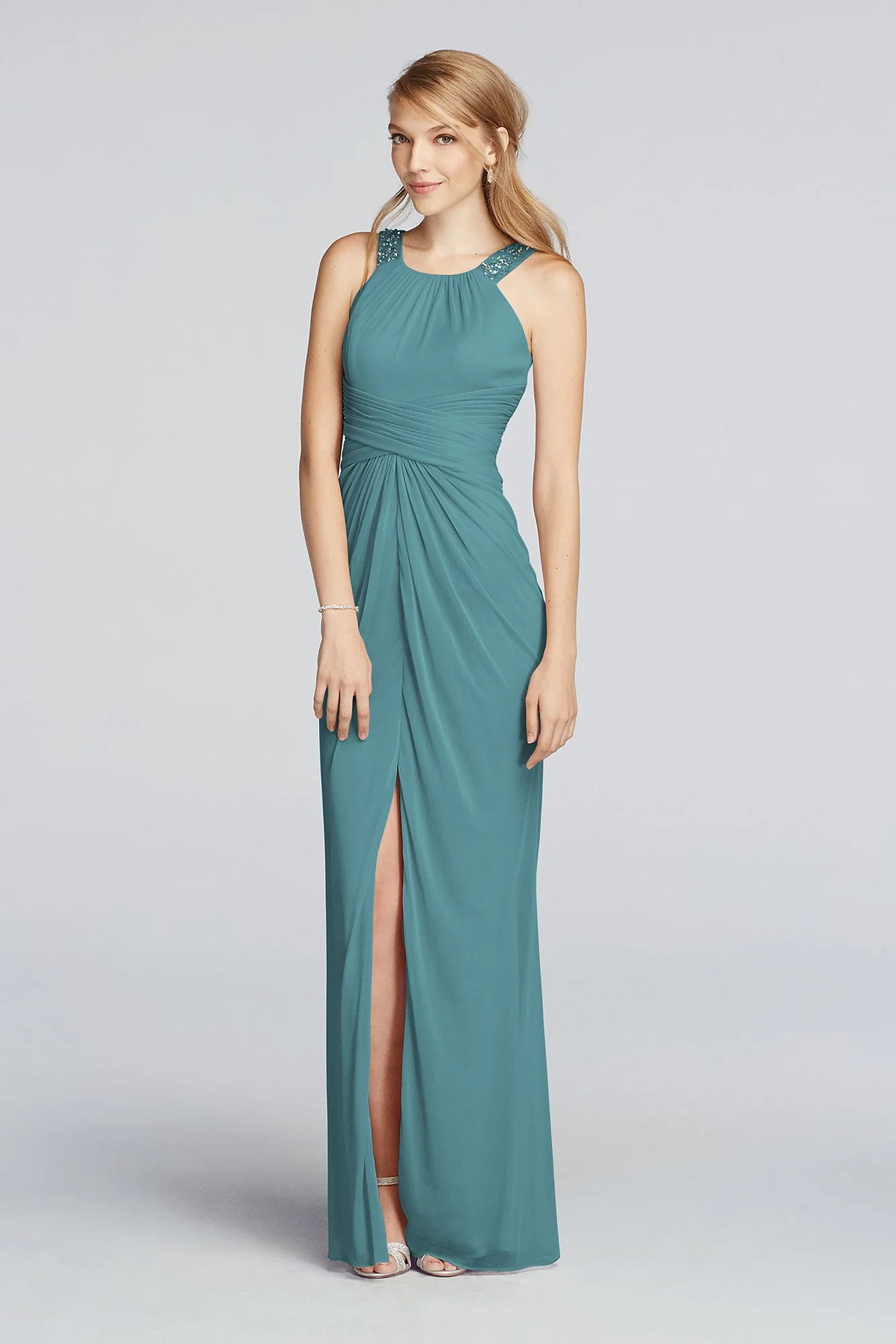 Long Beaded U Neck Mesh Dress with Ruched Waist - Image 5