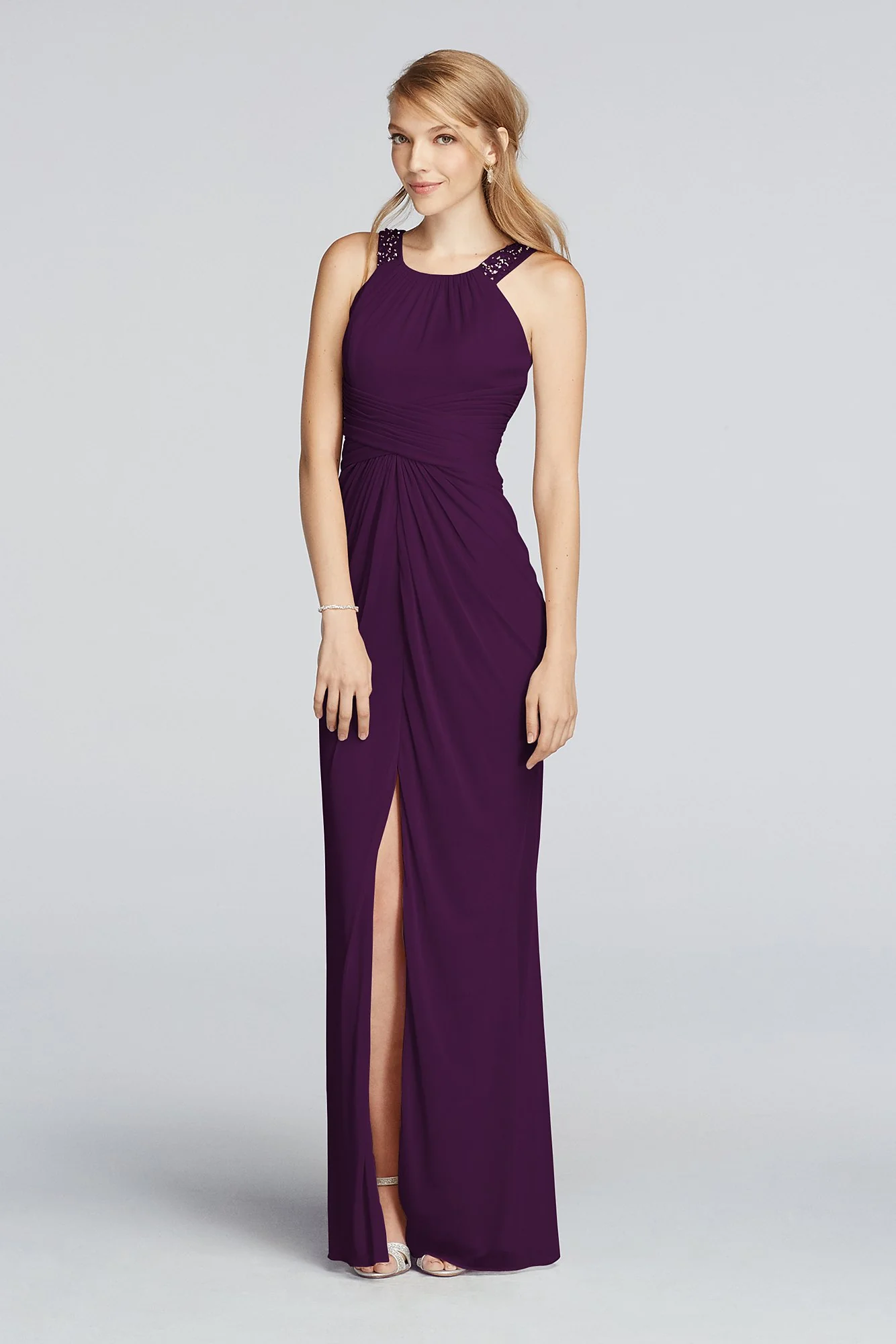 Long Beaded U Neck Mesh Dress with Ruched Waist - Image 6
