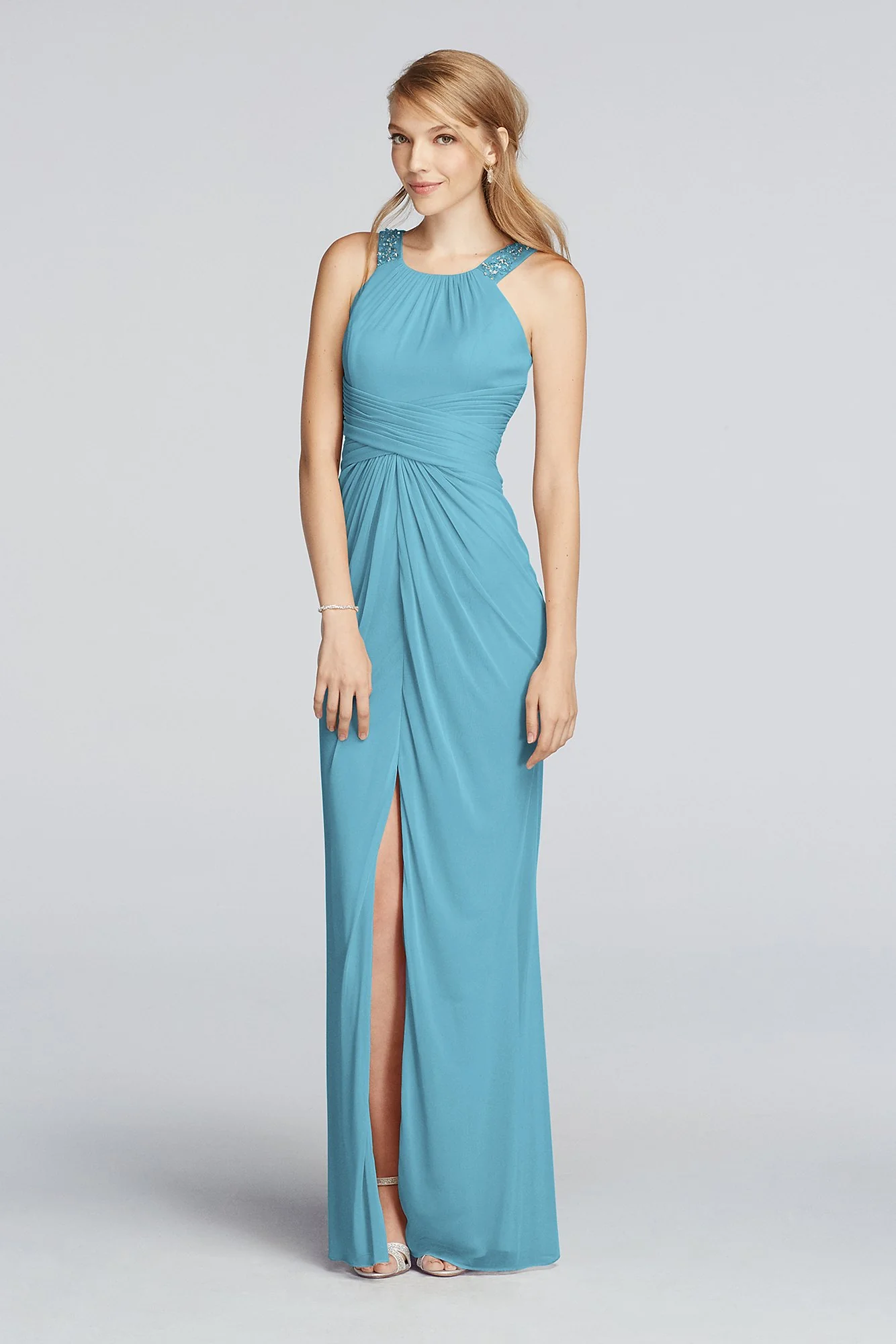 Long Beaded U Neck Mesh Dress with Ruched Waist - Image 68