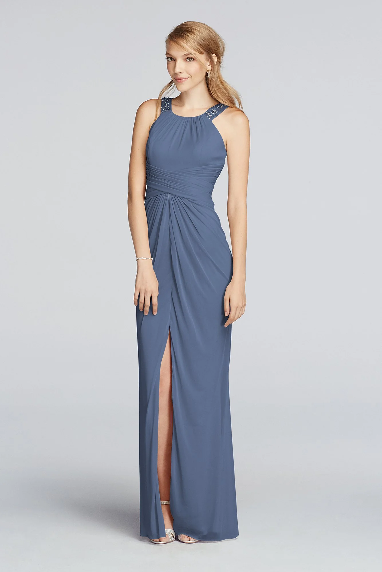Long Beaded U Neck Mesh Dress with Ruched Waist - Image 71