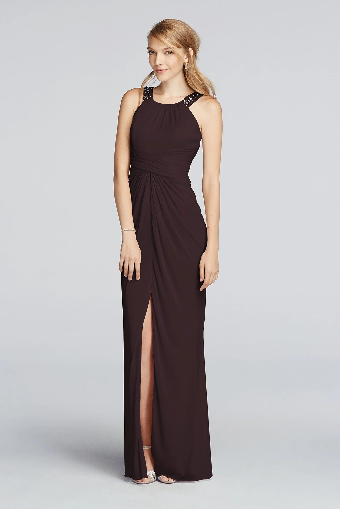 Long Beaded U Neck Mesh Dress with Ruched Waist - Image 72