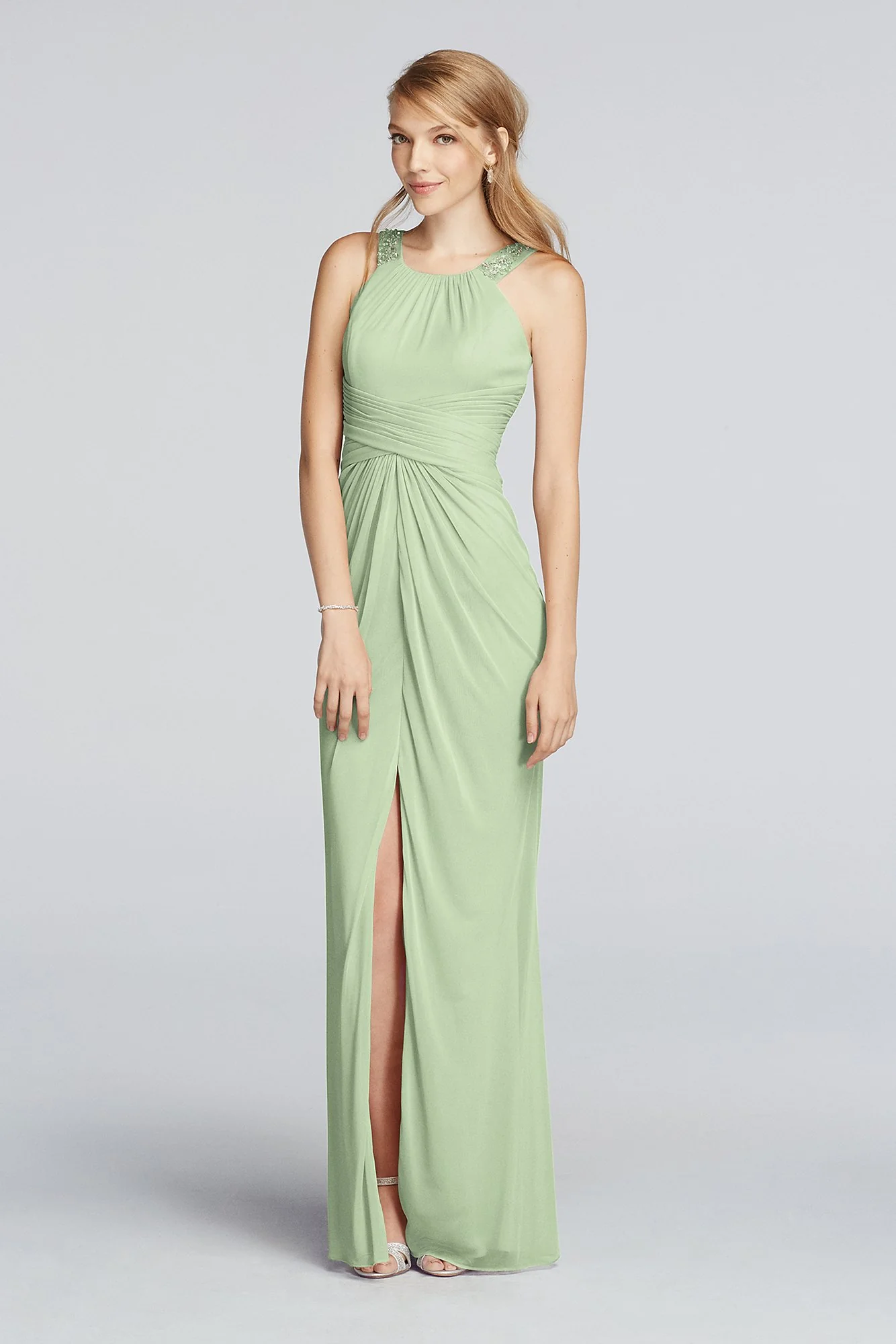 Long Beaded U Neck Mesh Dress with Ruched Waist - Image 78