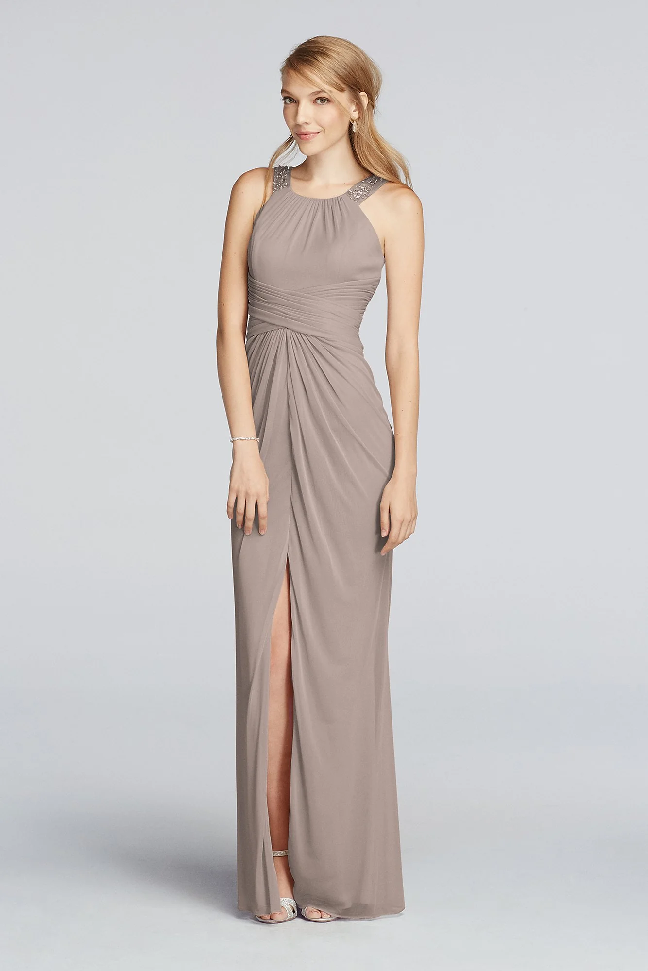 Long Beaded U Neck Mesh Dress with Ruched Waist - Image 79
