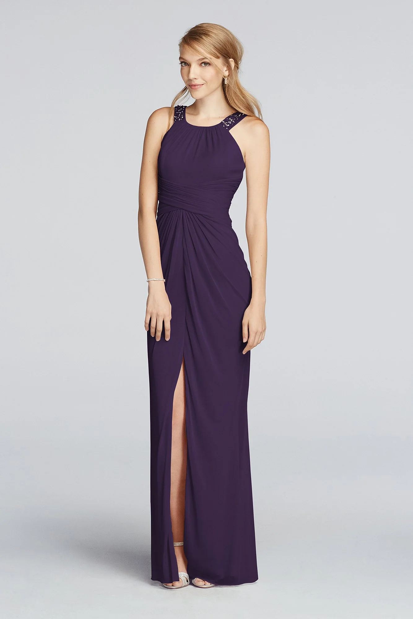 Long Beaded U Neck Mesh Dress with Ruched Waist - Image 80