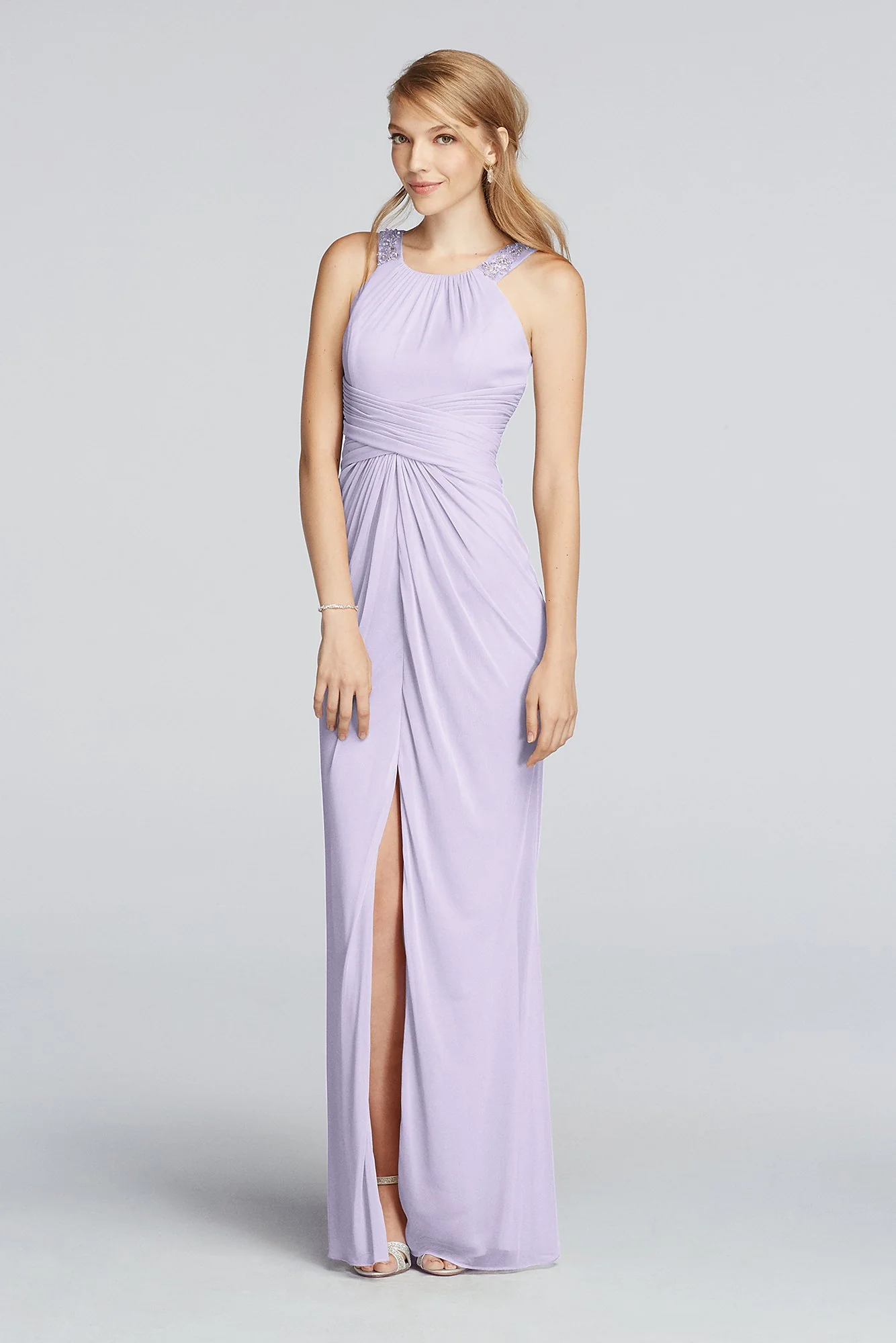 Long Beaded U Neck Mesh Dress with Ruched Waist - Image 84