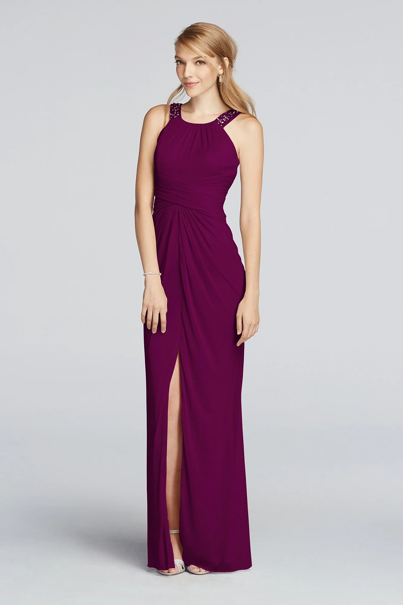 Long Beaded U Neck Mesh Dress with Ruched Waist - Image 89