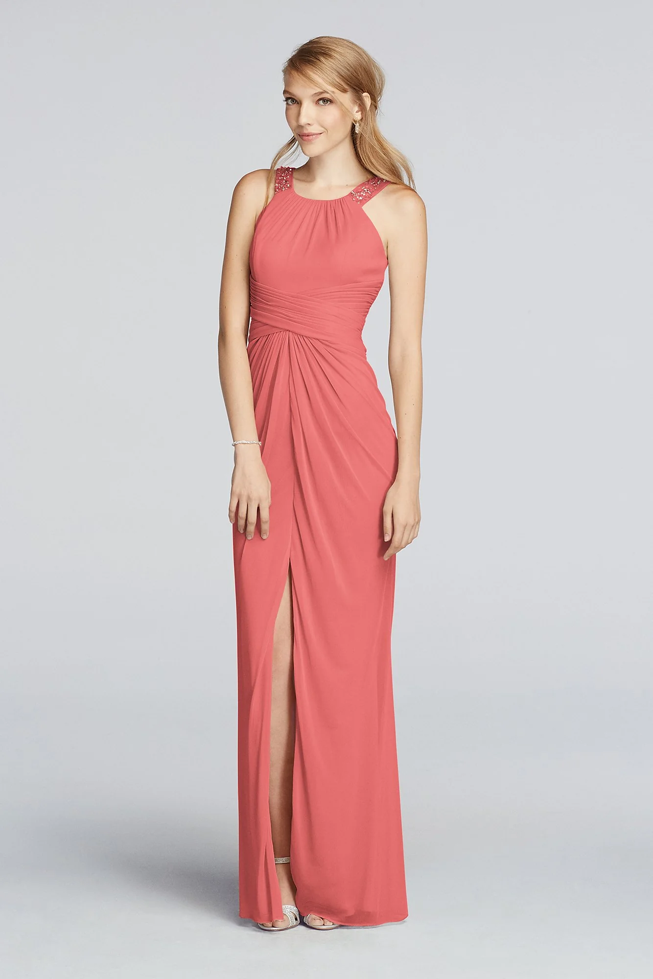 Long Beaded U Neck Mesh Dress with Ruched Waist - Image 91