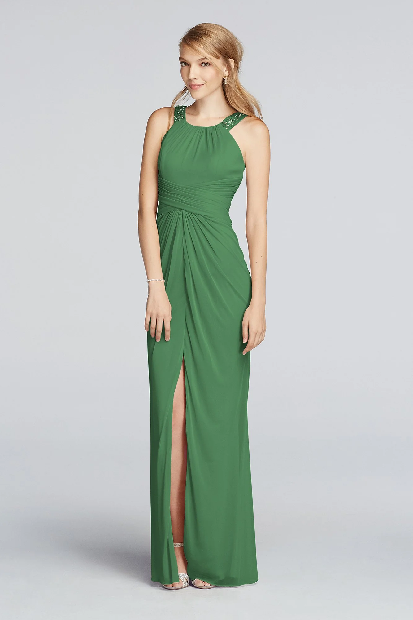 Long Beaded U Neck Mesh Dress with Ruched Waist - Image 96