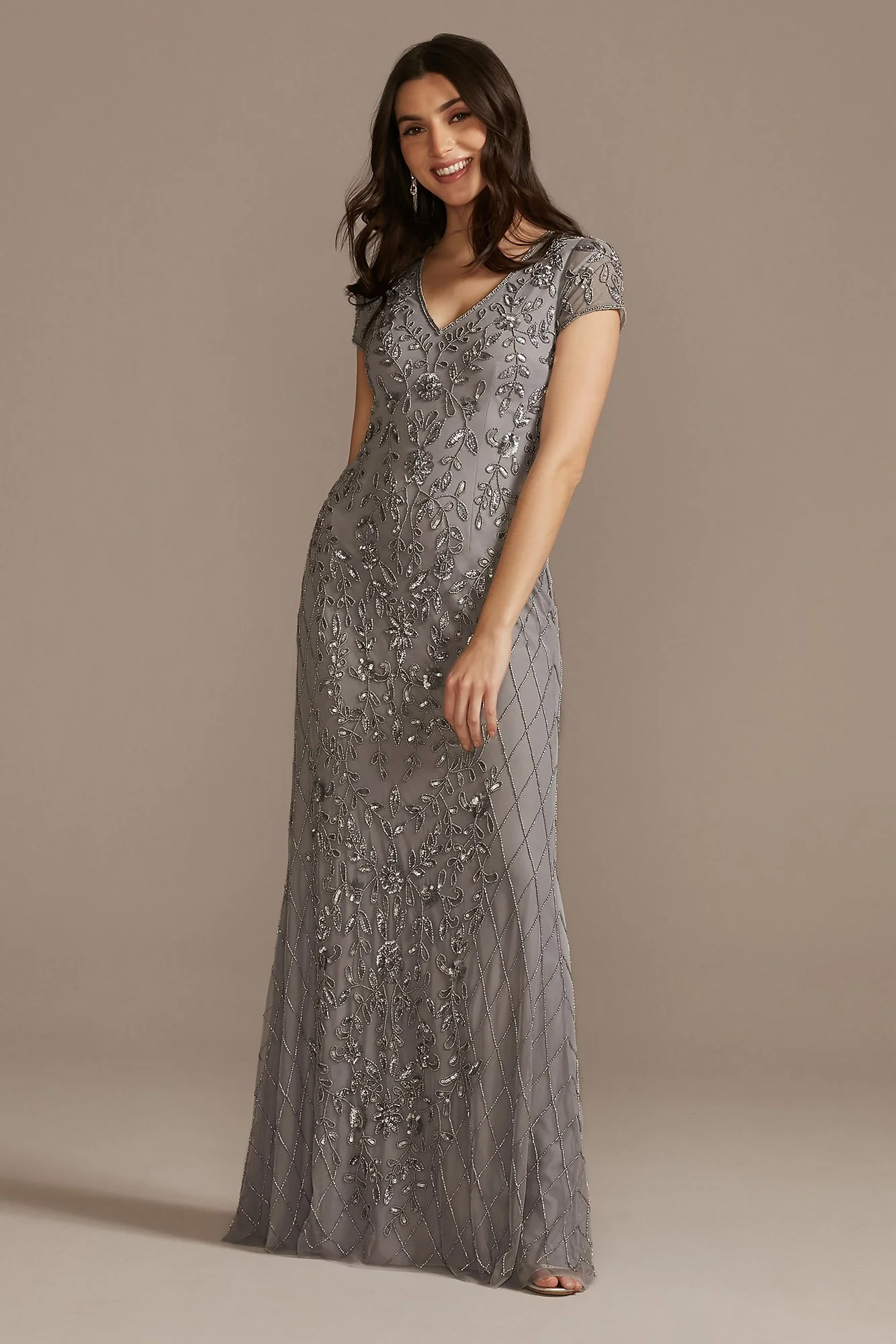 Beaded Three-Fourth Sleeve Scoopneck A-Line Dress