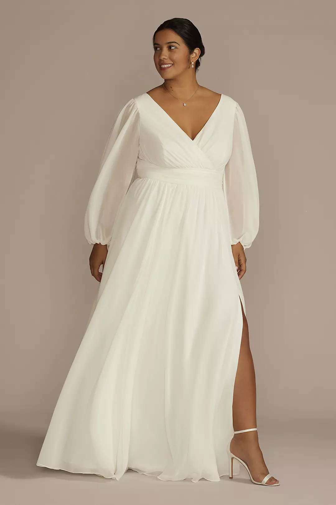 Long Billow Sleeve Chiffon A-Line Wedding Dress - Image 5
