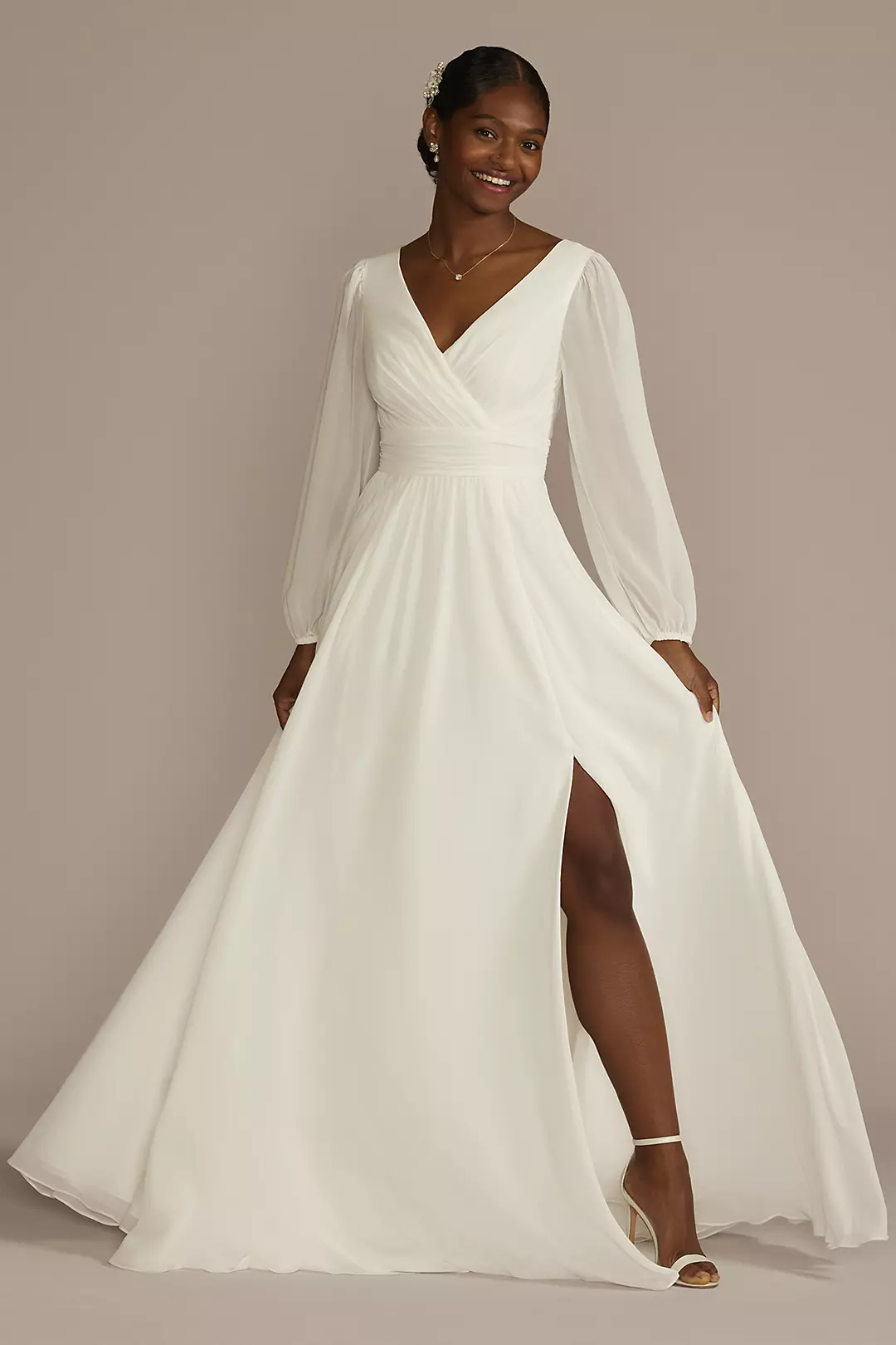 Long Billow Sleeve Chiffon A-Line Wedding Dress - Image 6