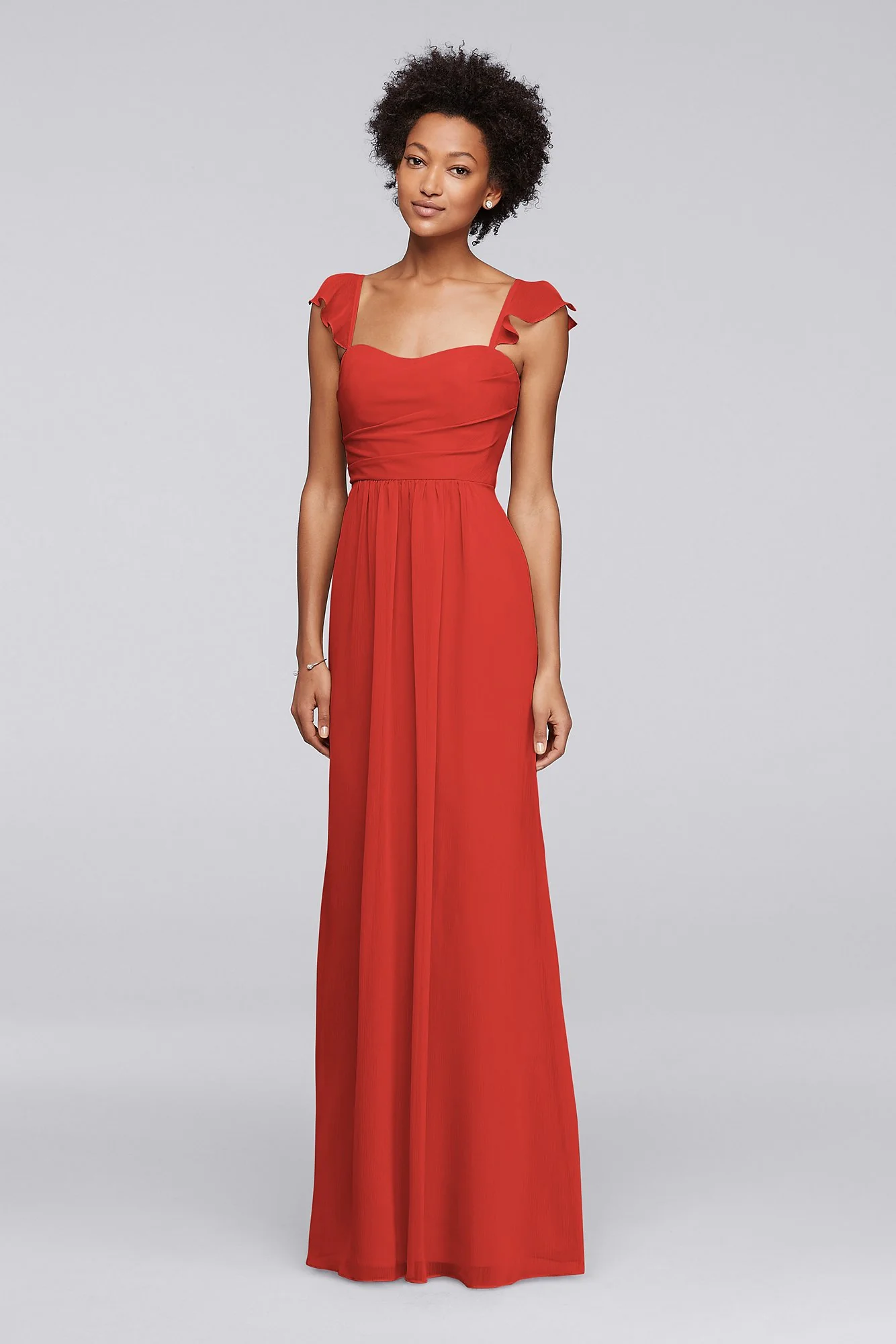 Long Bridesmaid Dress with Flutter Cap Sleeves - Image 34