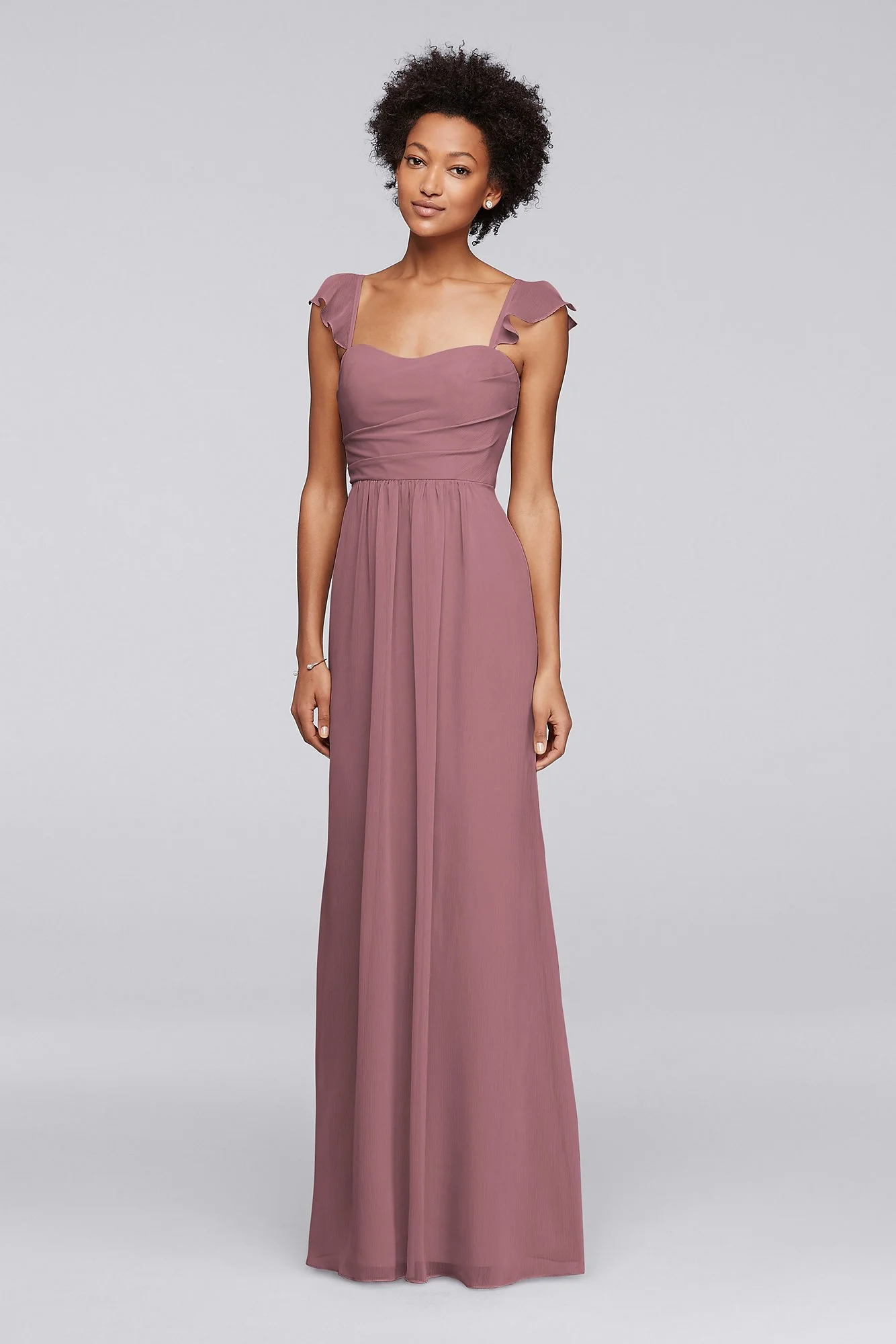 Long Bridesmaid Dress with Flutter Cap Sleeves - Image 76
