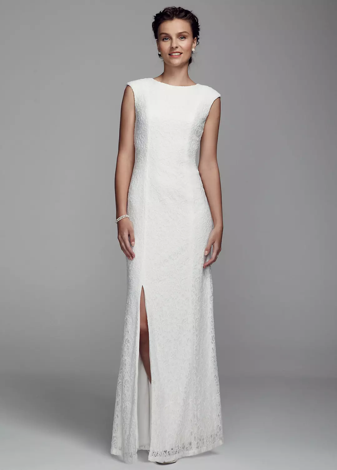 Long Cap Sleeve Beaded Lace Gown with Slit - Image 3