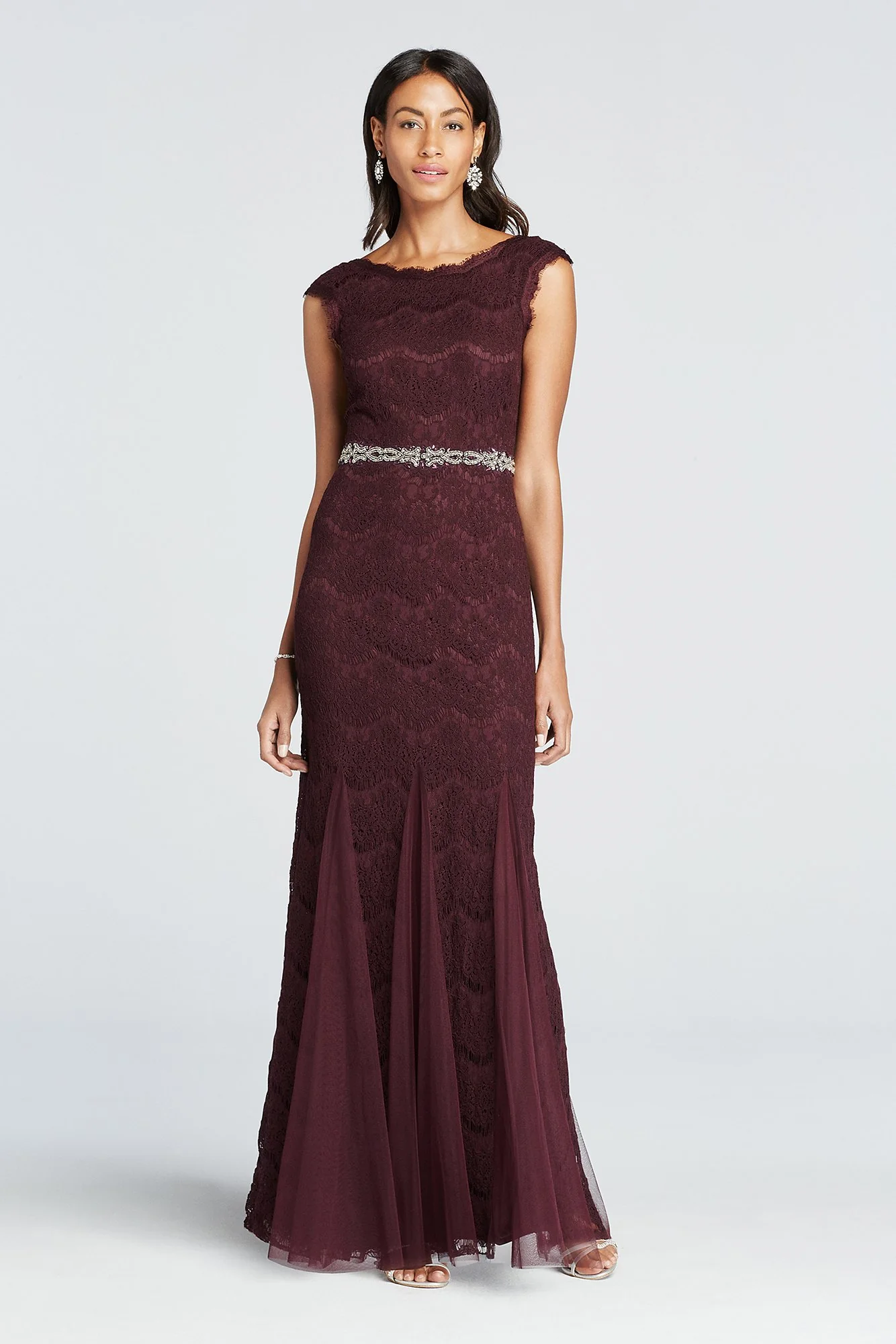 Long Cap Sleeve Dress with All-Over Lace