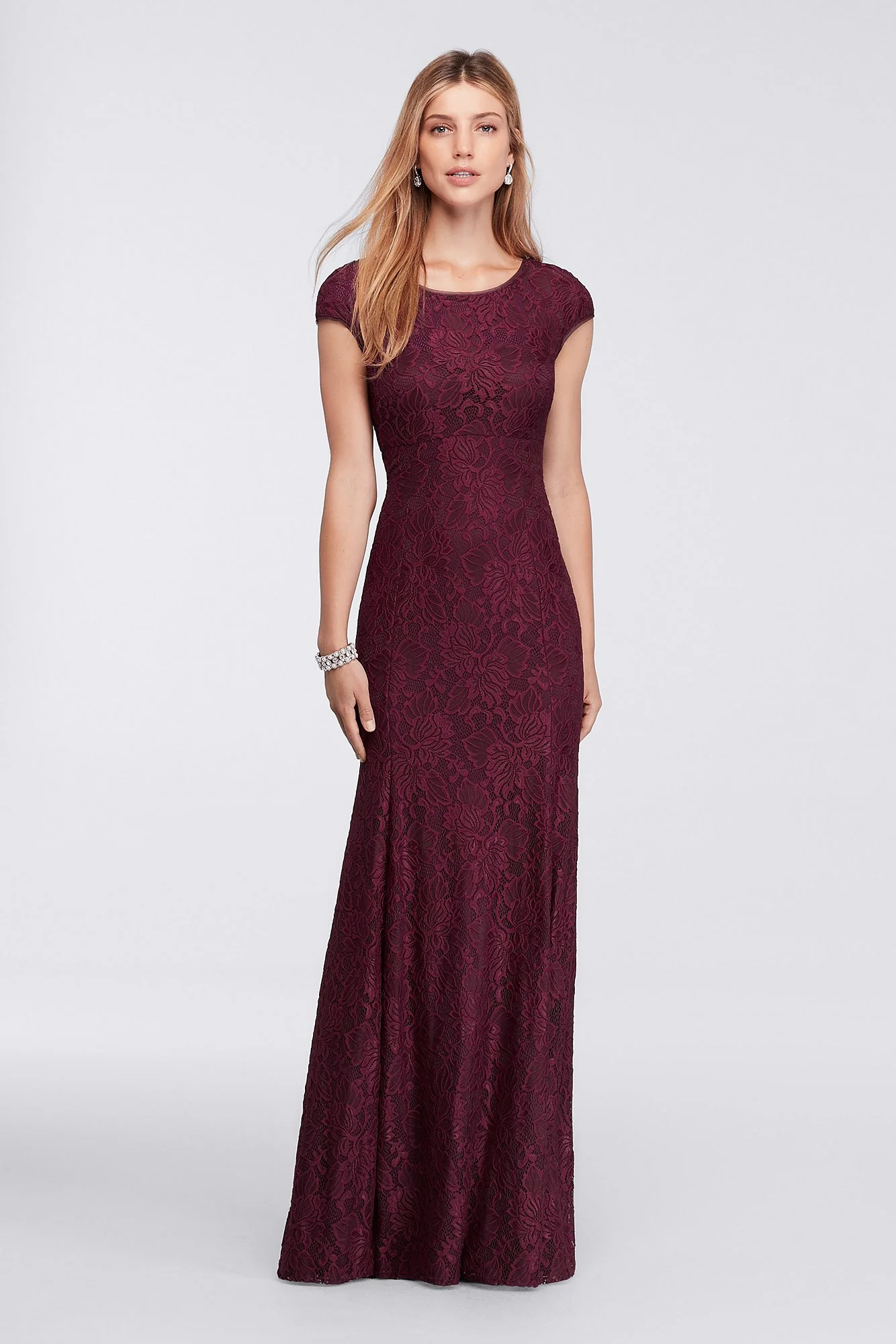 Long Cap-Sleeve Lace Dress with Low Back - Image 2