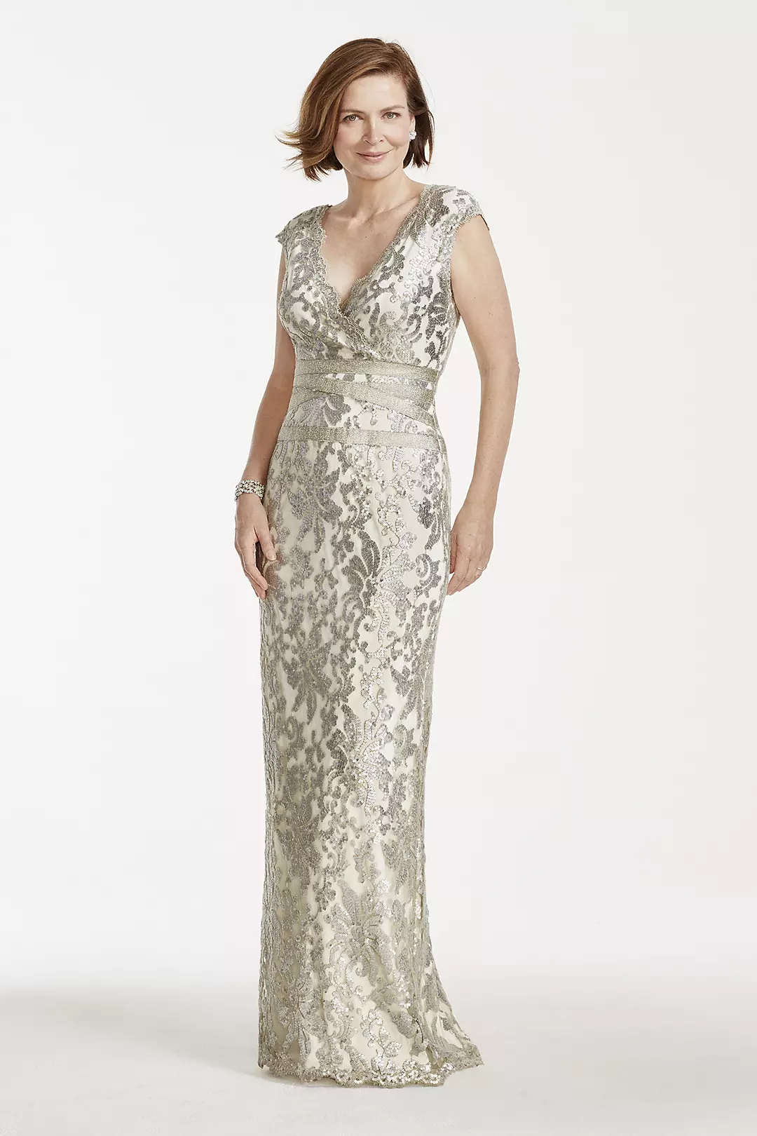 Long Cap Sleeve Lace Dress with V Neckline - Image 6