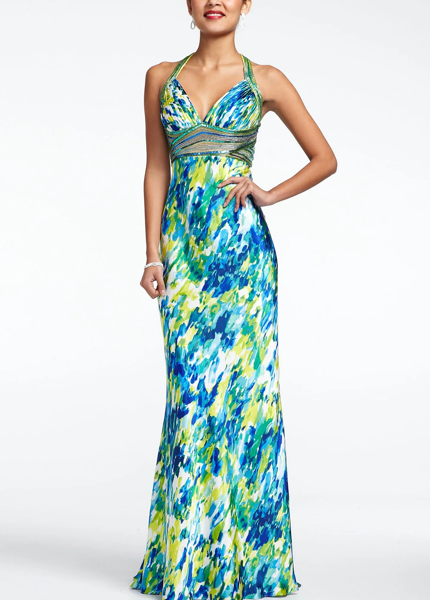 Long Charmeuse Halter Print Prom Dress - Image 2