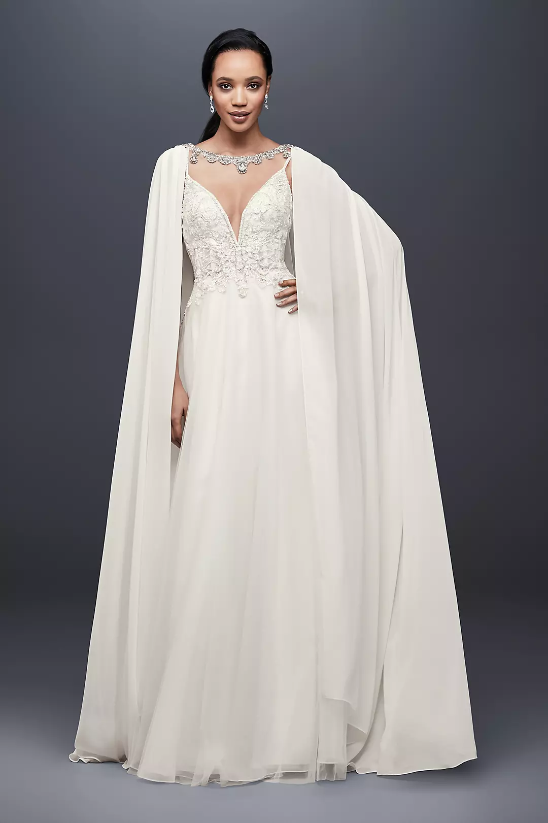 Long Chiffon Cape with Beaded Neckline - Image 2