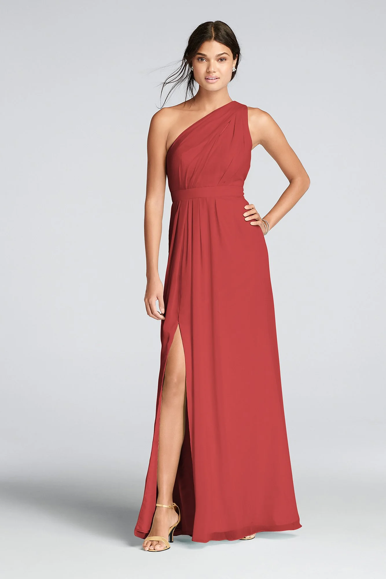 Long One-Shoulder Crinkle Chiffon Dress