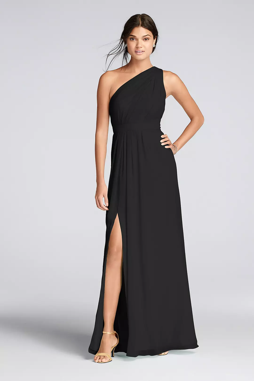 Long One-Shoulder Crinkle Chiffon Dress - Image 3