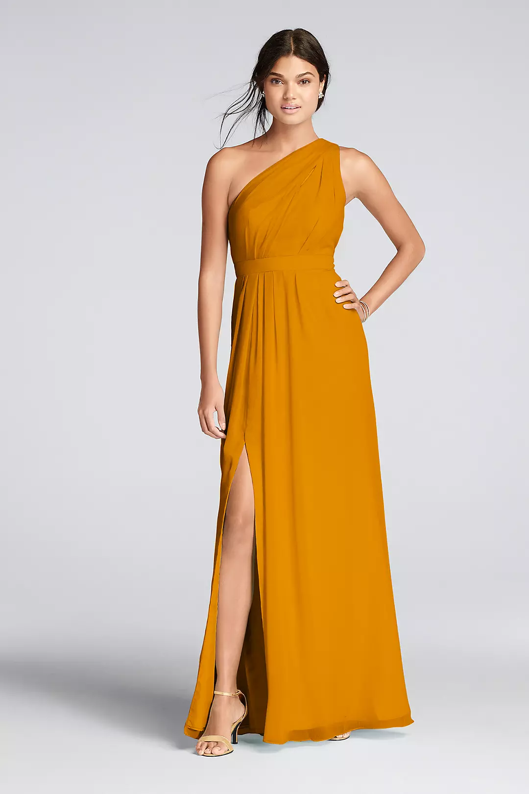Long One-Shoulder Crinkle Chiffon Dress - Image 35