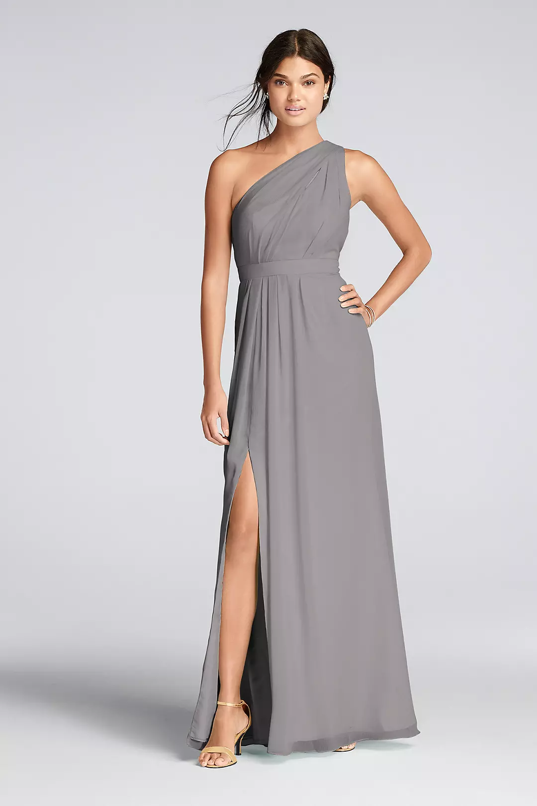 Long One-Shoulder Crinkle Chiffon Dress - Image 37