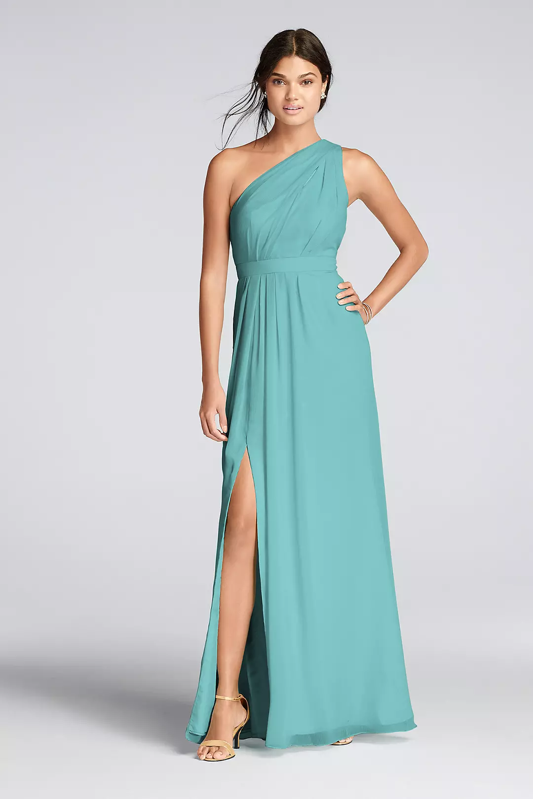 Long One-Shoulder Crinkle Chiffon Dress - Image 39