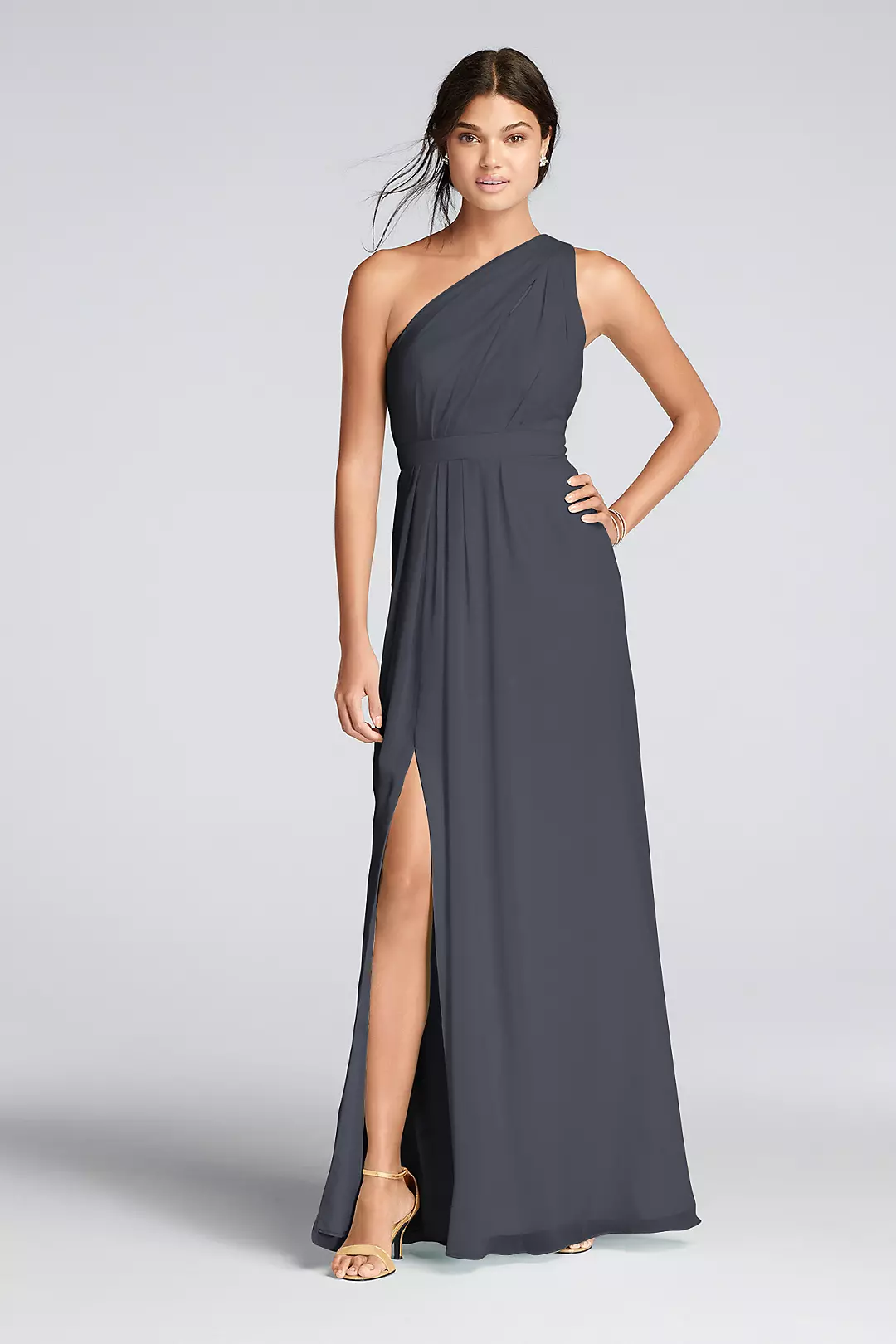 Long One-Shoulder Crinkle Chiffon Dress - Image 40