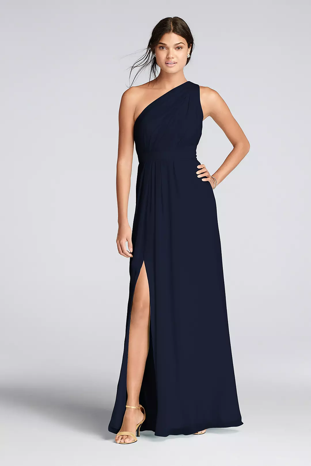 Long One-Shoulder Crinkle Chiffon Dress - Image 41