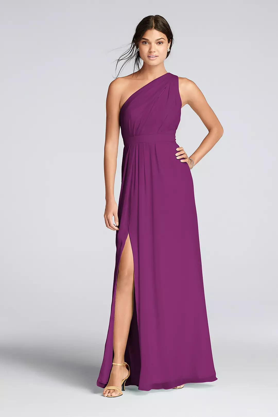 Long One-Shoulder Crinkle Chiffon Dress - Image 44