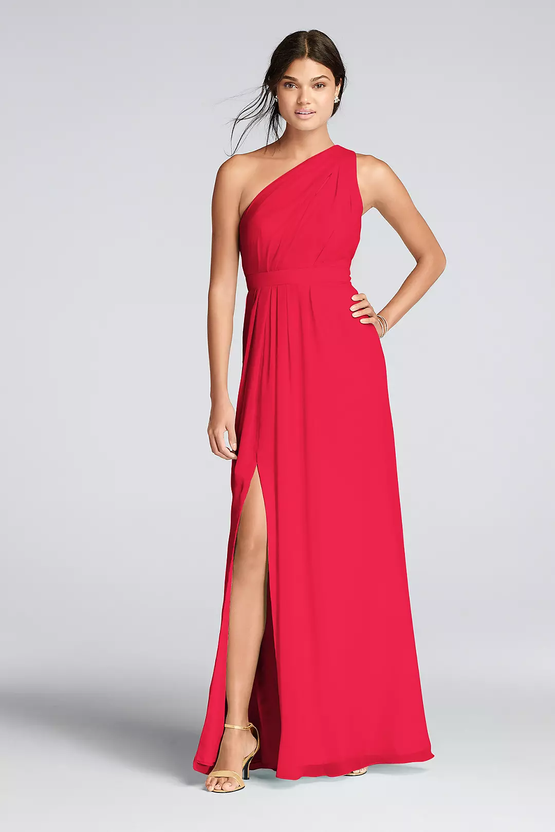 Long One-Shoulder Crinkle Chiffon Dress - Image 46