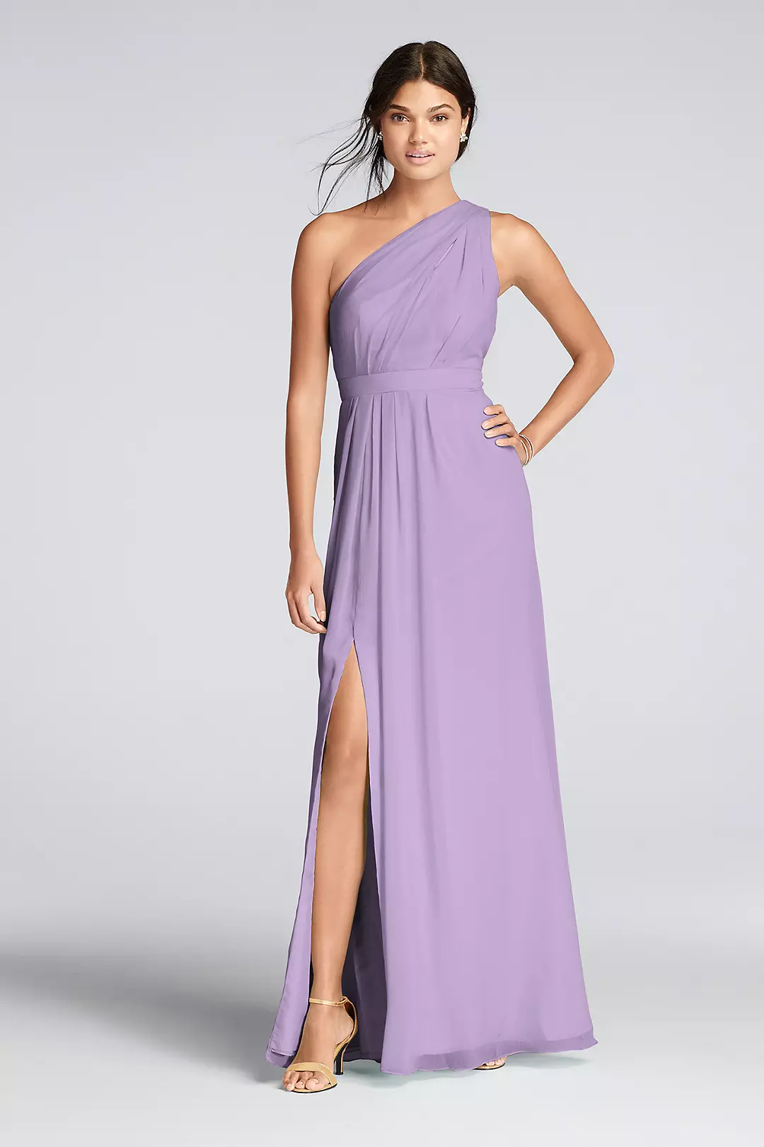 Long One-Shoulder Crinkle Chiffon Dress - Image 48