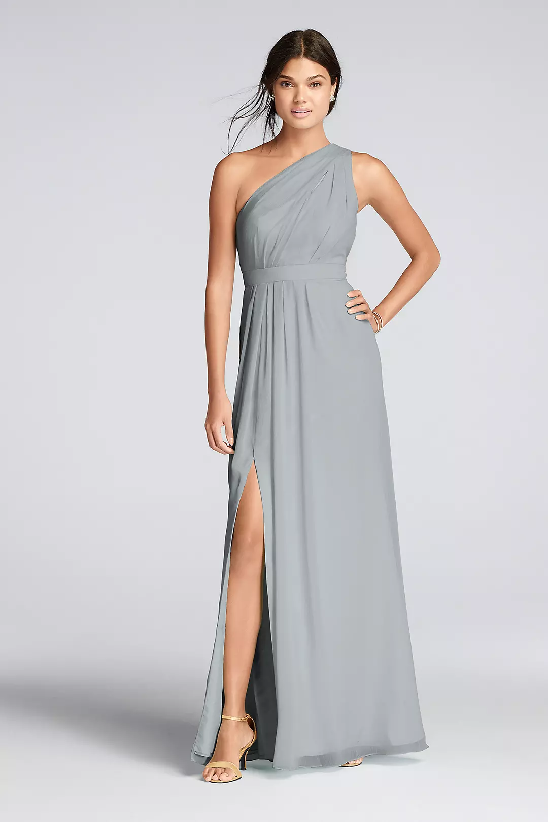 Long One-Shoulder Crinkle Chiffon Dress - Image 51