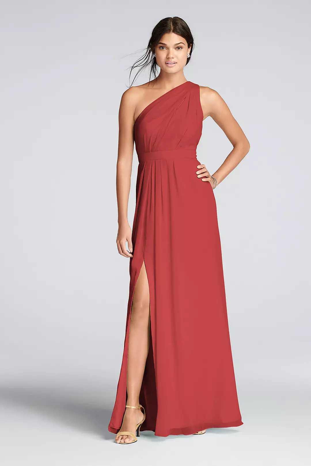 Long One-Shoulder Crinkle Chiffon Dress - Image 53