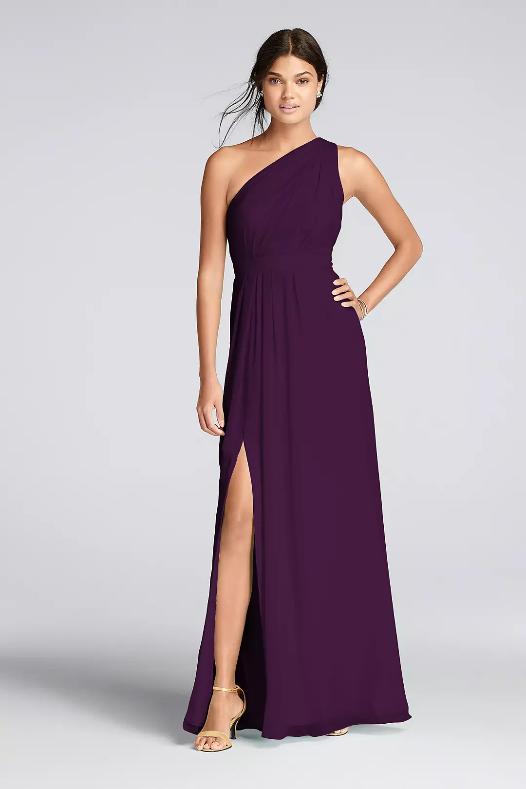 Long One-Shoulder Crinkle Chiffon Dress - Image 55