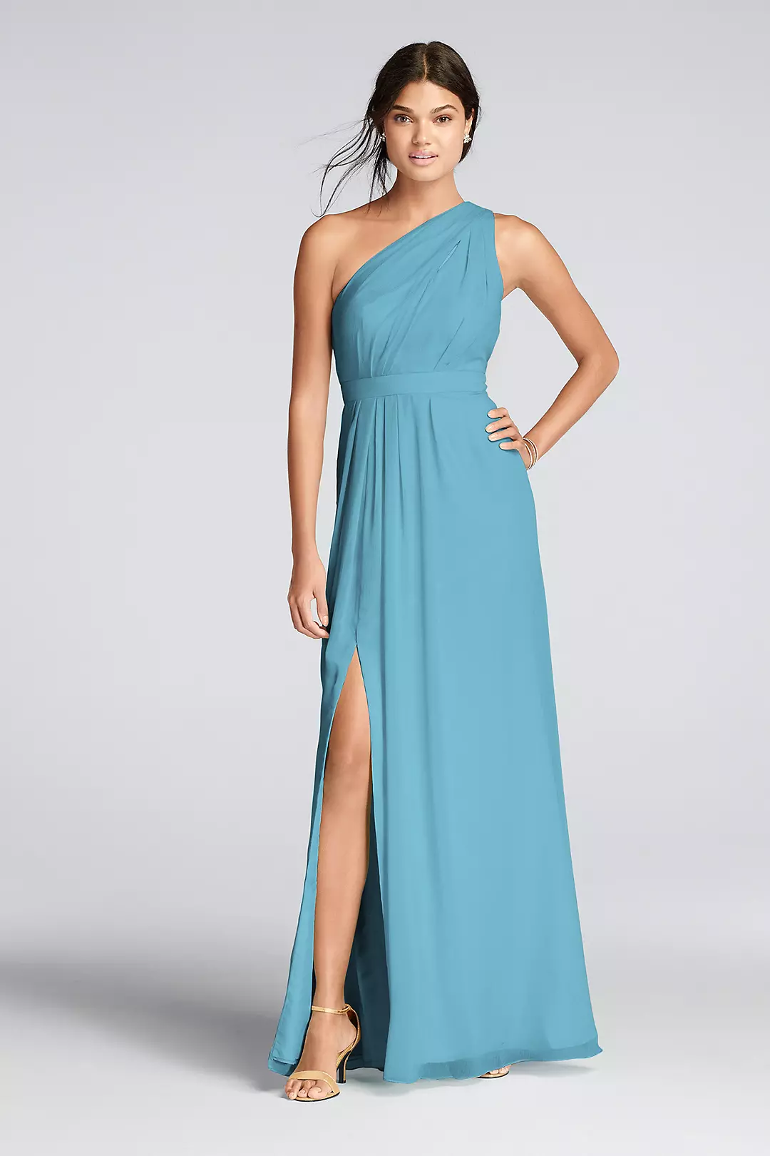 Long One-Shoulder Crinkle Chiffon Dress - Image 59