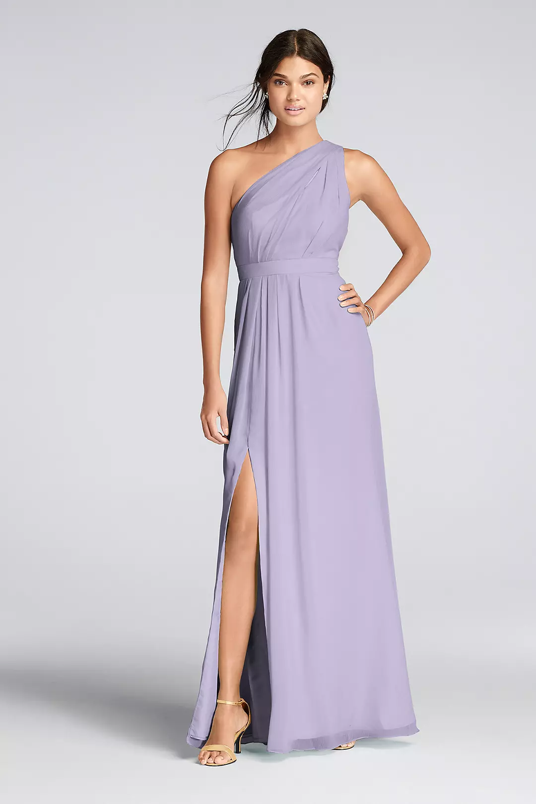 Long One-Shoulder Crinkle Chiffon Dress - Image 60