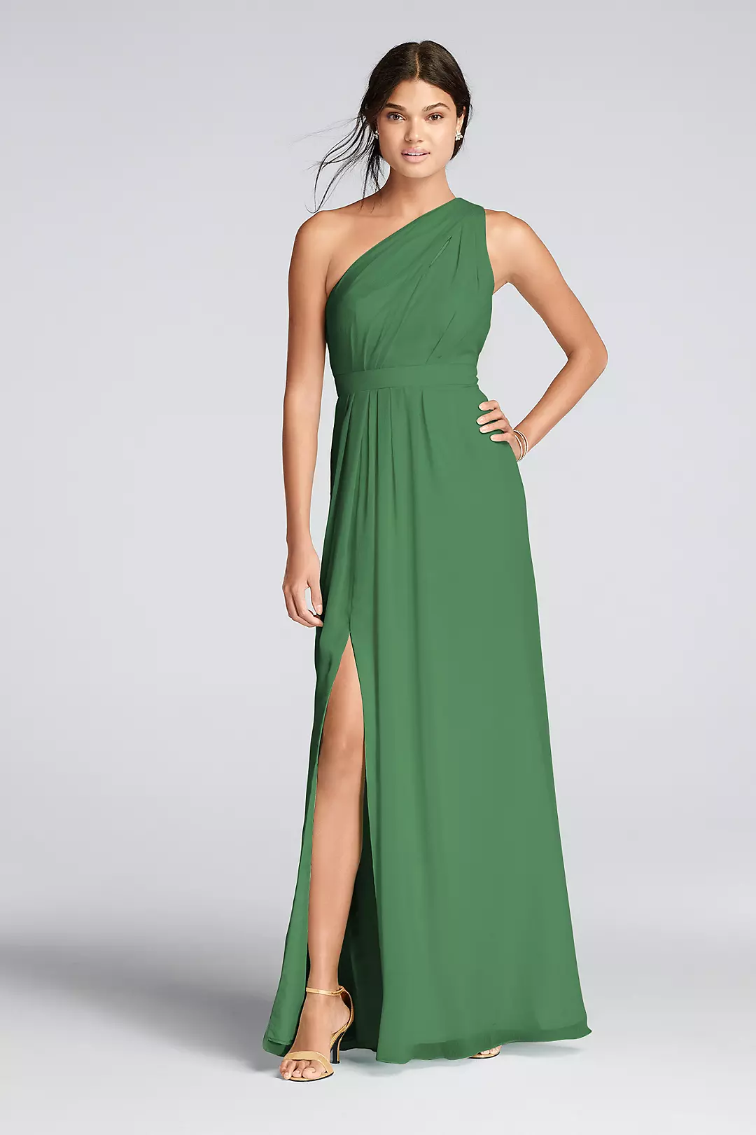 Long One-Shoulder Crinkle Chiffon Dress - Image 63